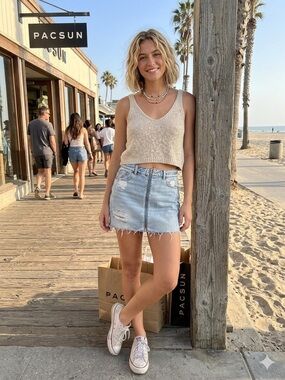 PacSun Light Wash Distressed Full-Zip Denim Mini Skirt